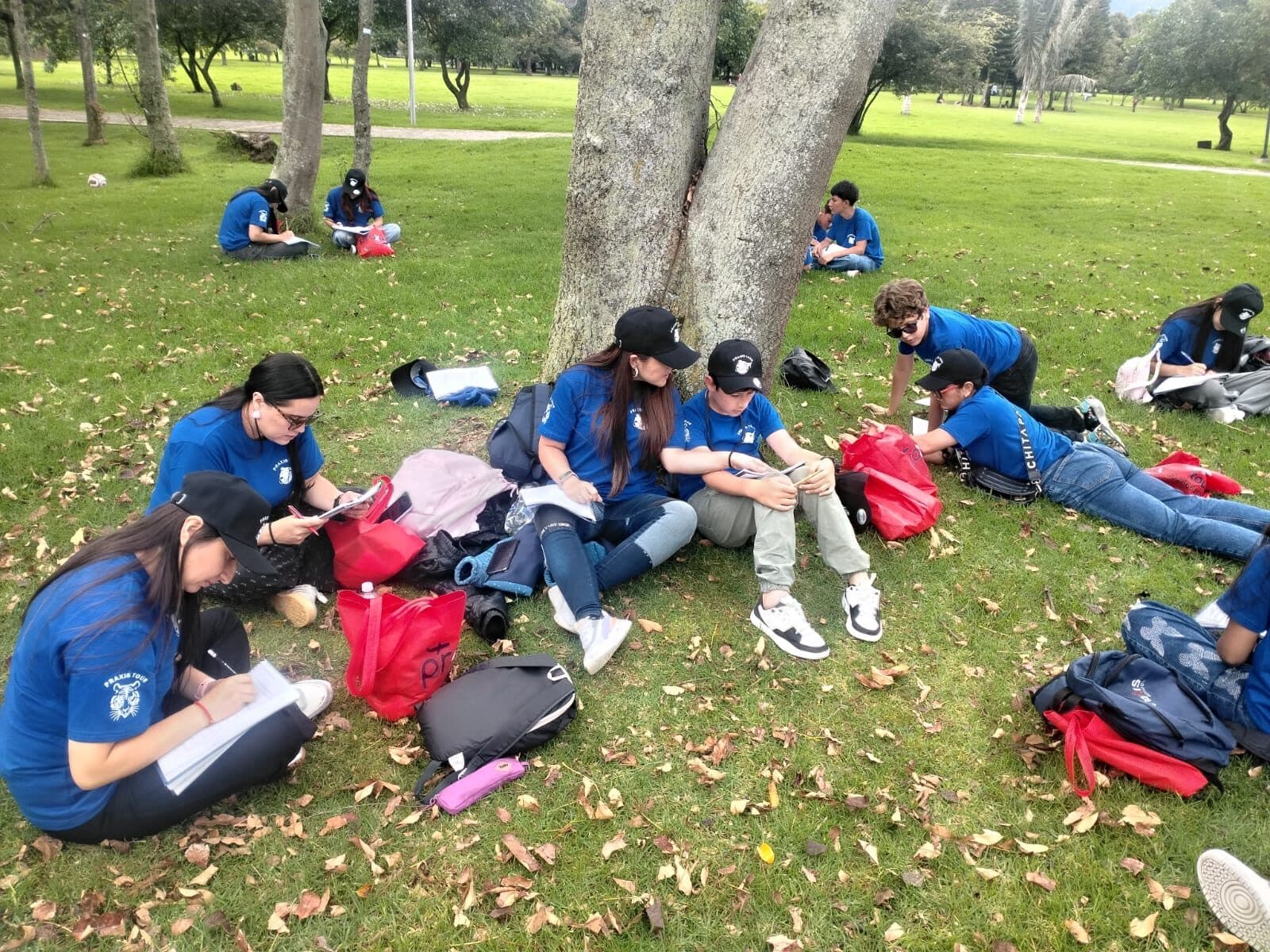 Estudiantes haciendo ejercicios de inglés sentados en el pasto